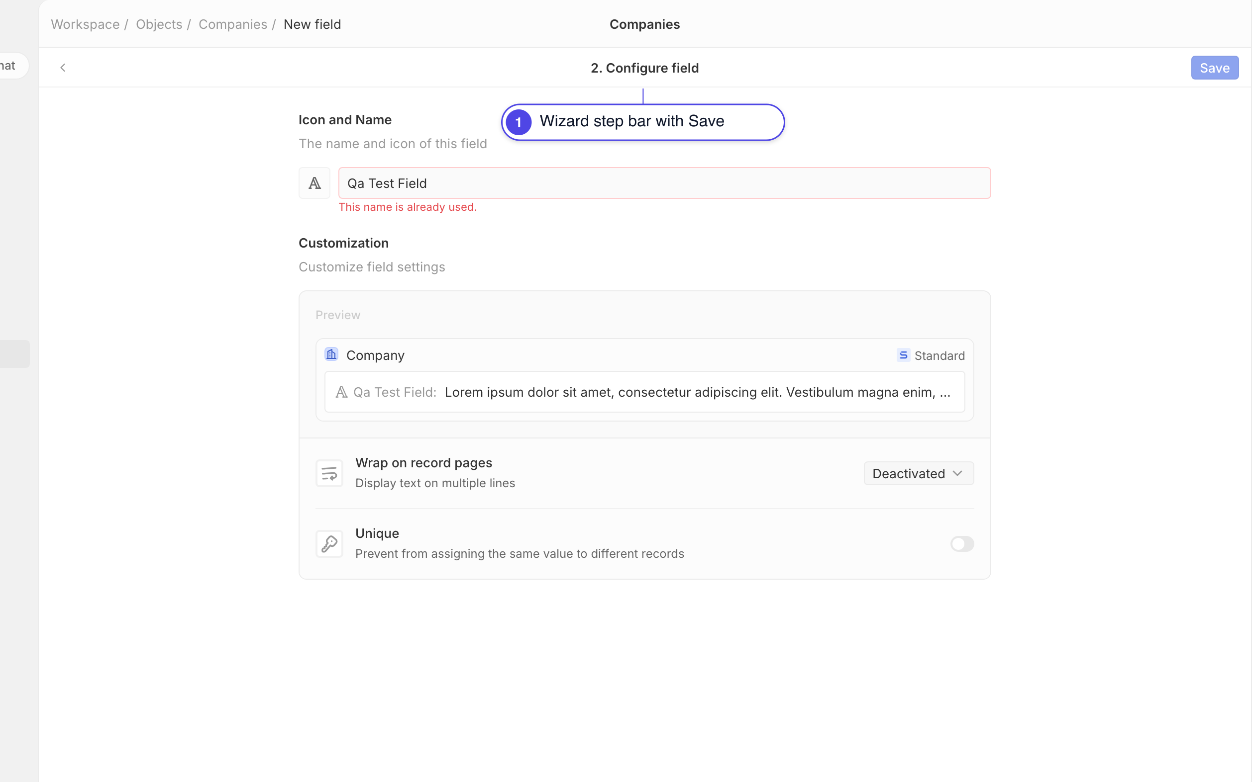 Navigate new field creation steps
